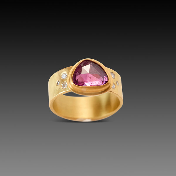 Pink Sapphire Ring with Diamond Trios