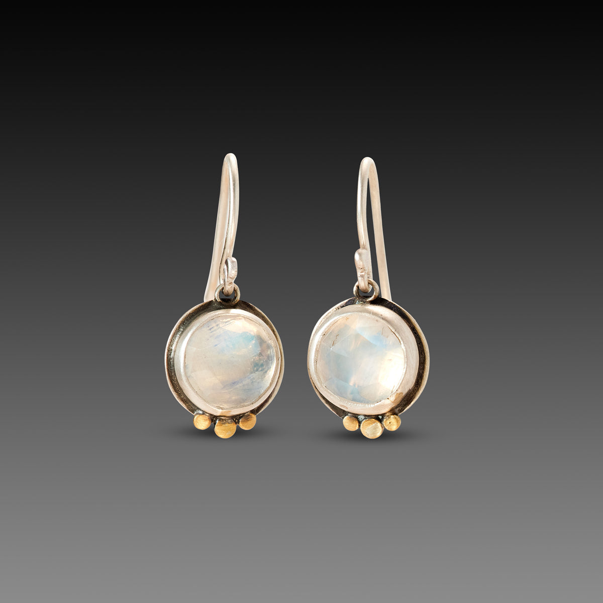 Round Moonstone Earrings with Gold Trios