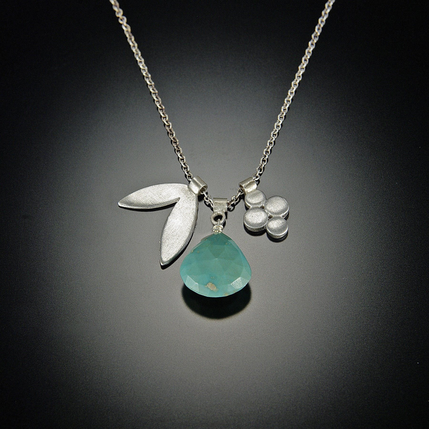 Turquoise Charm Necklace With Double Leaf and Small Disk