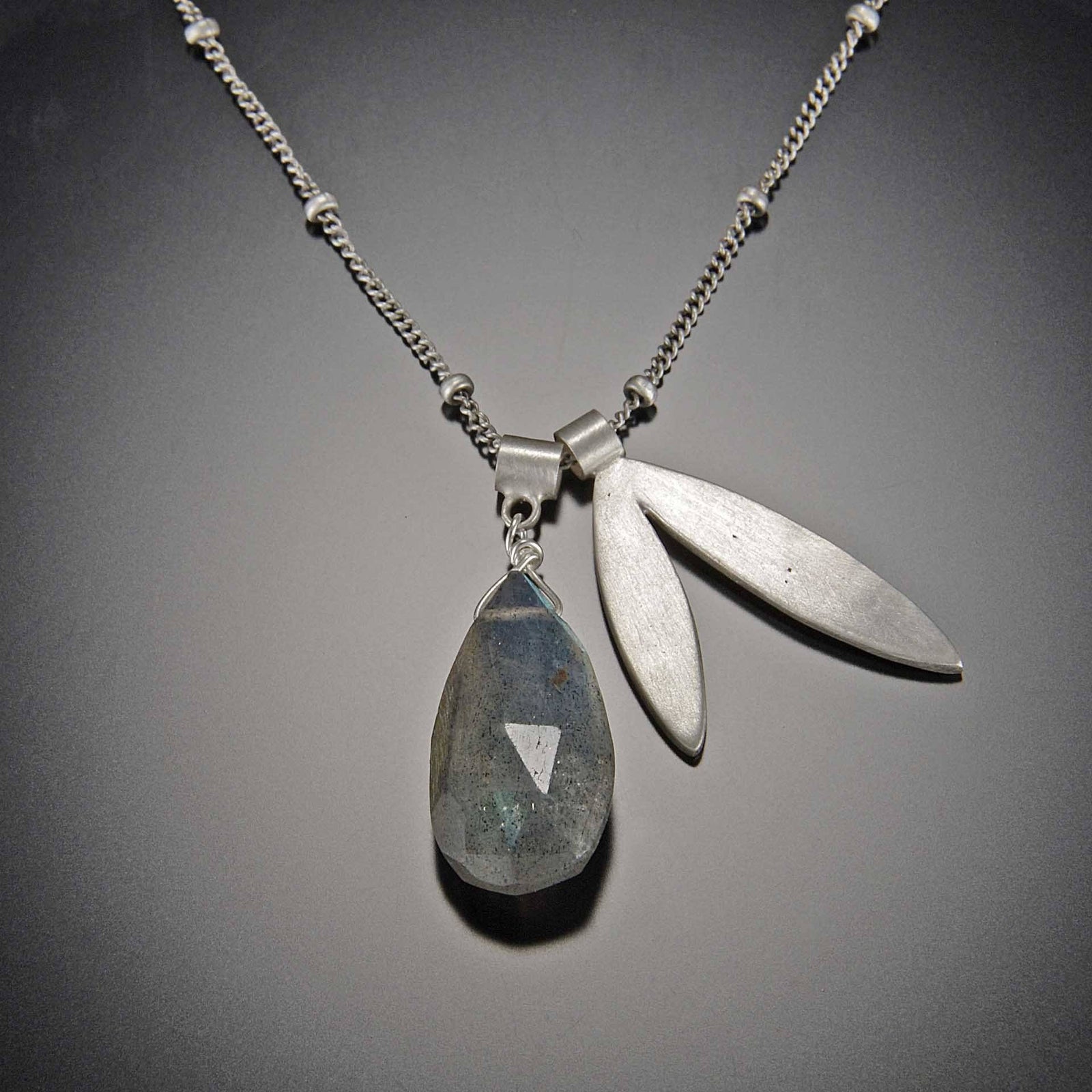 Large Faceted Labradorite and Leaf Charm Necklace