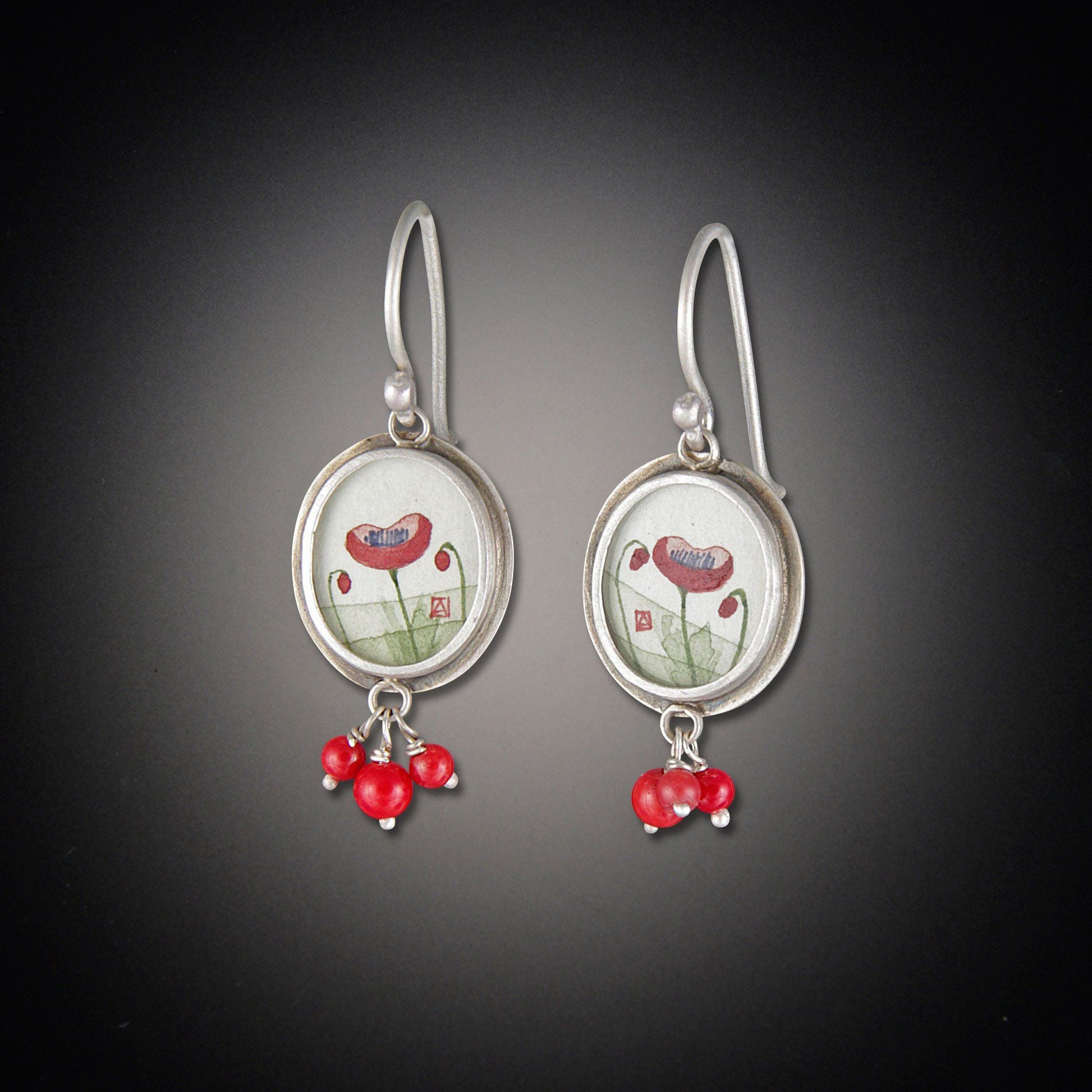 Tiny Oval Poppy Earrings with Coral