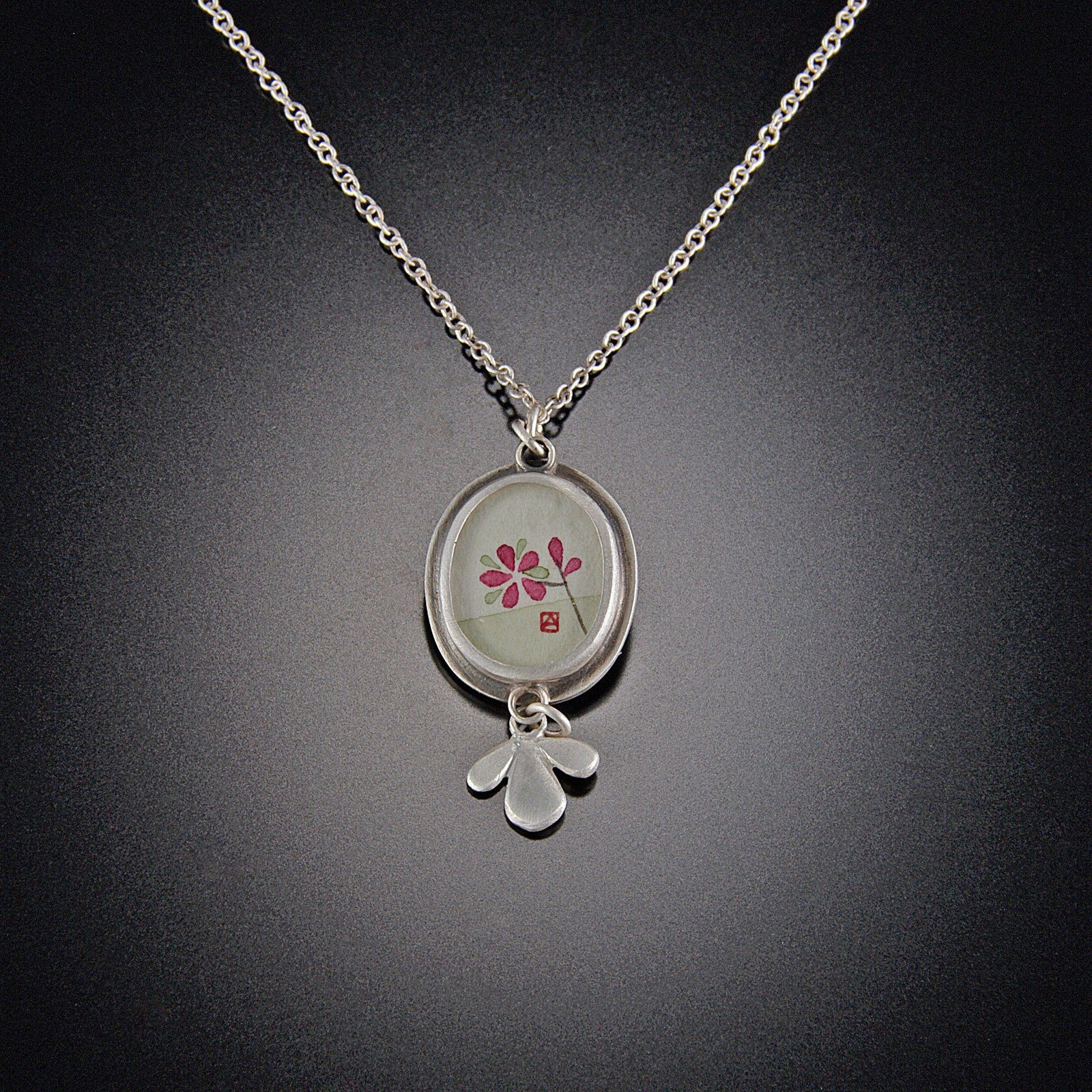 Tiny Oval Plum Blossom Necklace with Leaf Trio