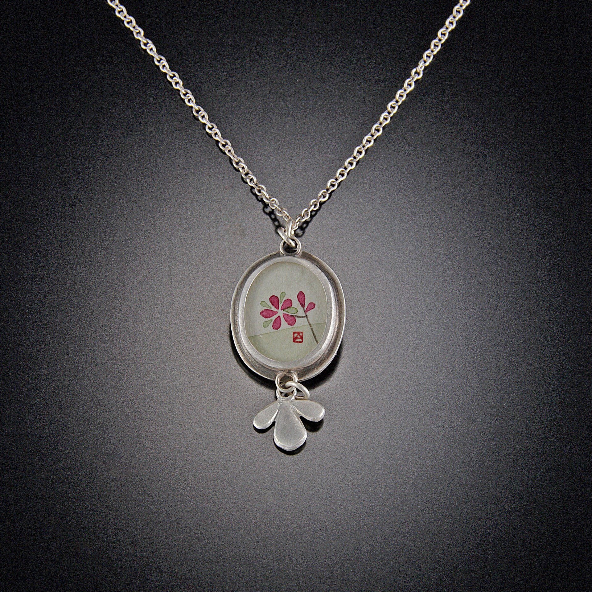 Tiny Oval Plum Blossom Necklace with Leaf Trio