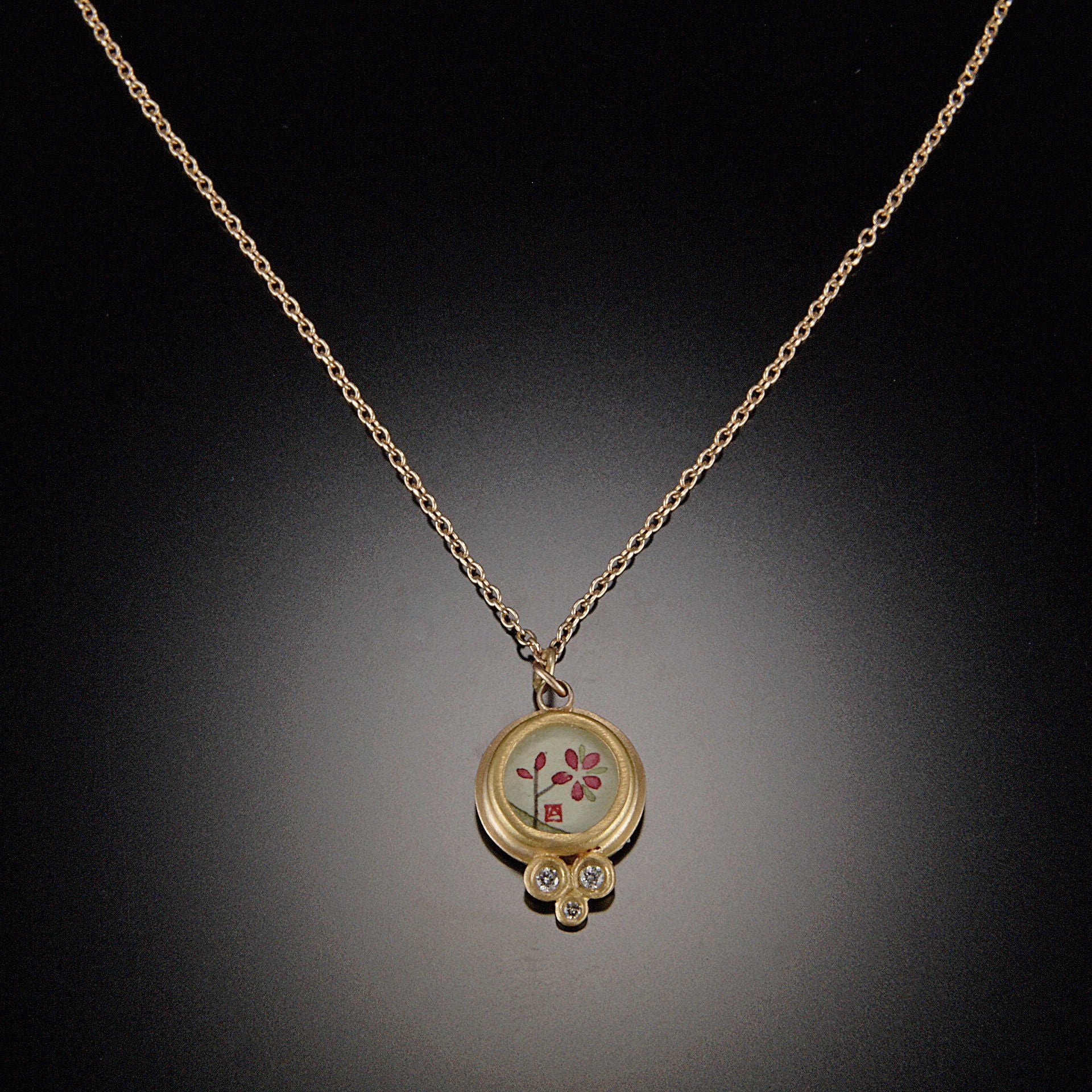 Tiny Gold Plum Blossom Necklace with Diamond Trio