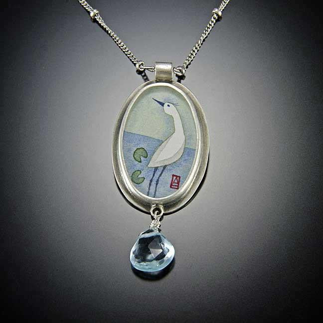 Oval Crane Necklace with Blue Topaz