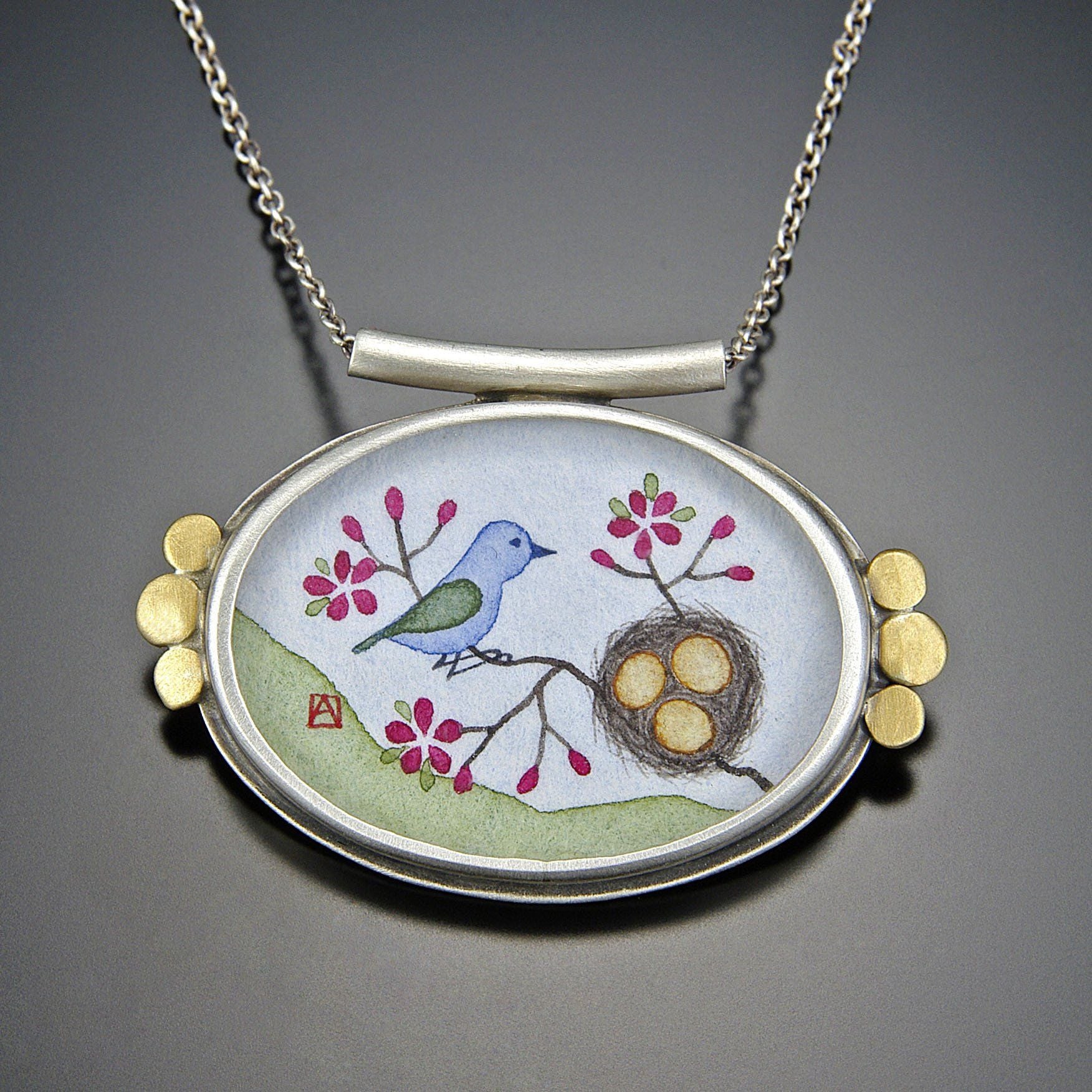 Oval Bluebird with Nest Necklace