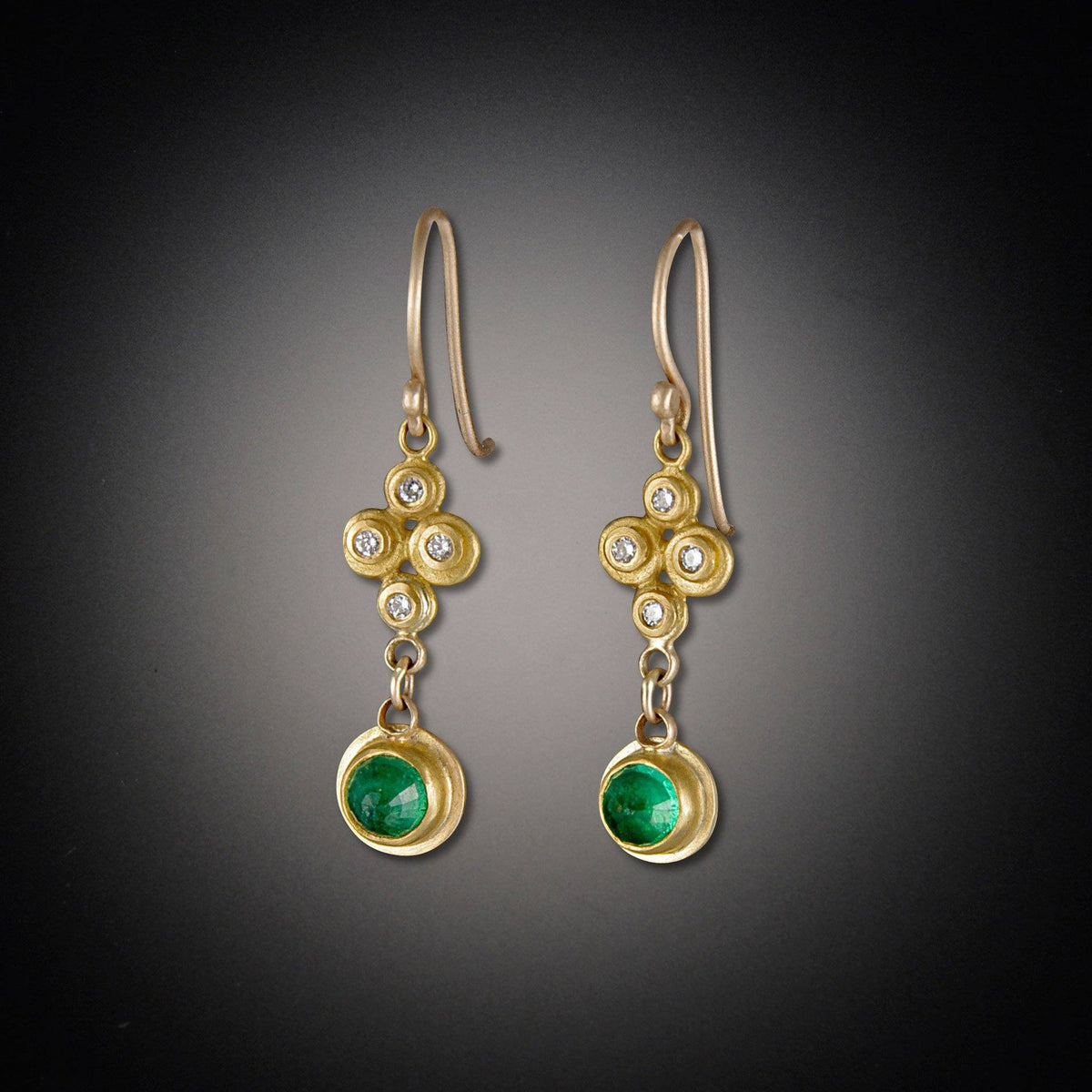 Raised Diamond Dots and Rose Cut Emerald Earrings