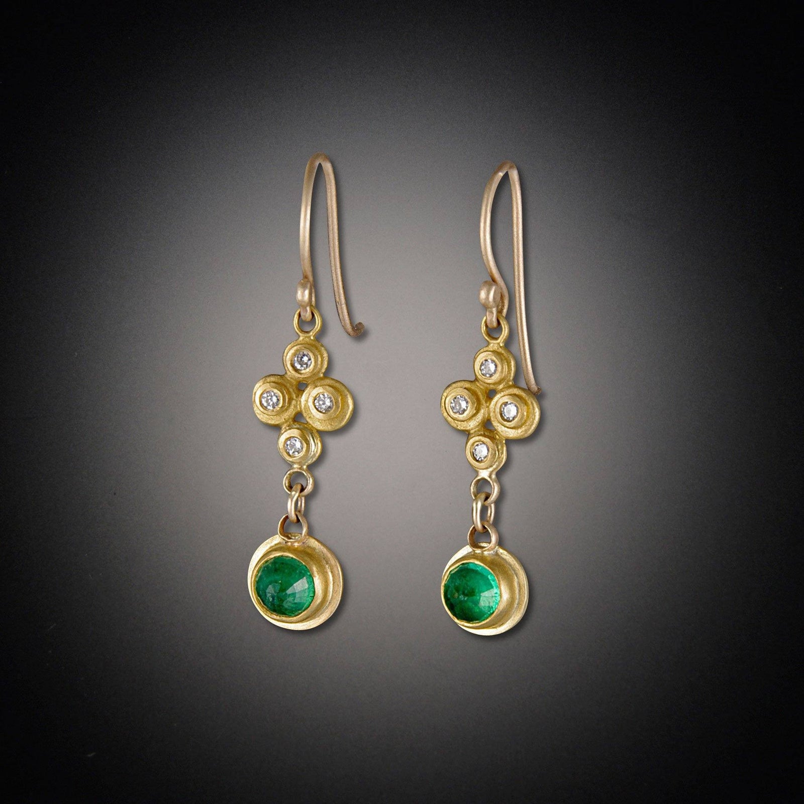 Raised Diamond Dots and Rose Cut Emerald Earrings