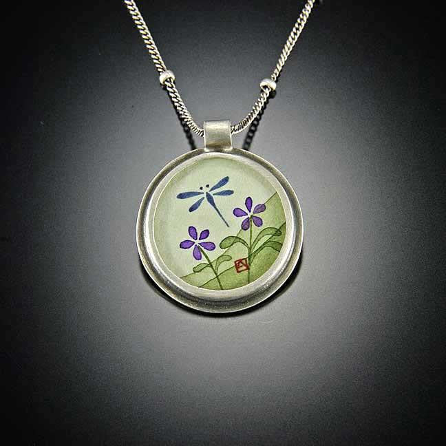 Round Dragonfly Necklace with Violets