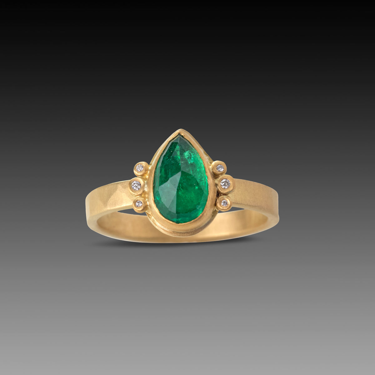 Rose Cut Emerald Ring With Diamond Trios