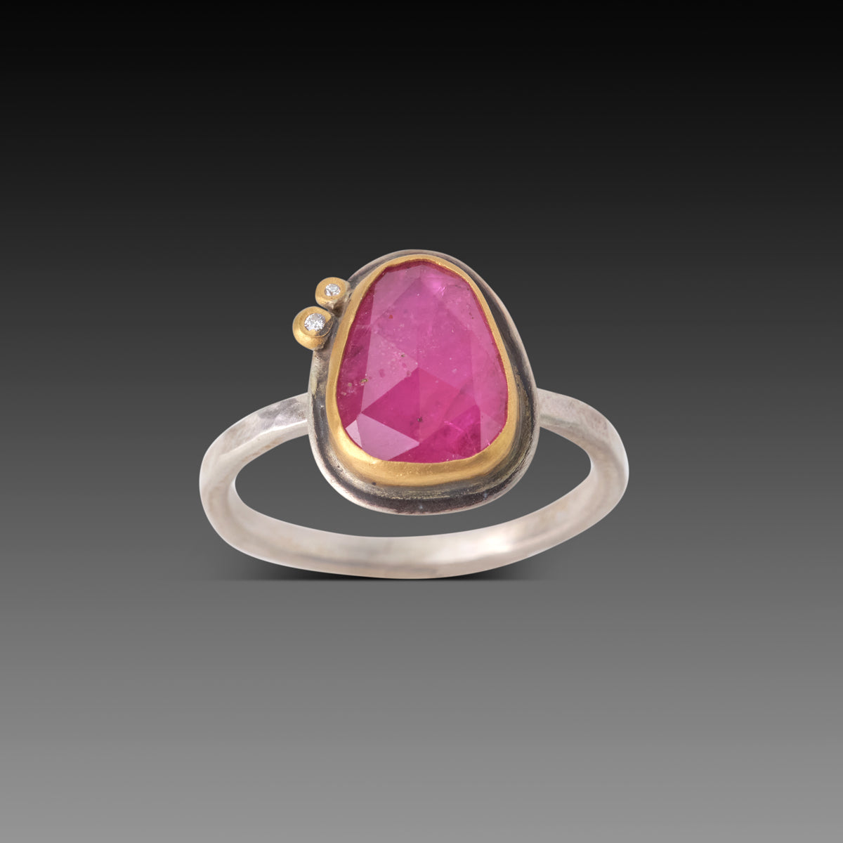 Rose Cut Ruby Ring with Two Diamonds