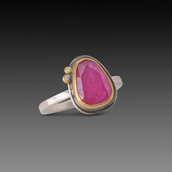 Rose Cut Ruby Ring with Two Diamonds