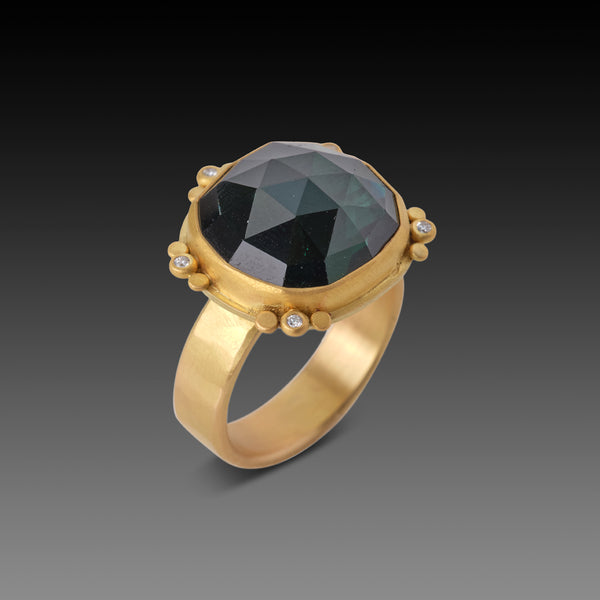 Green Tourmaline Ring with Gold Trios