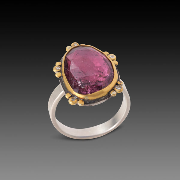 Rose Cut Pink Tourmaline Ring with Five Diamond Trios