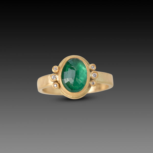 Oval Emerald Ring With Diamond Trios