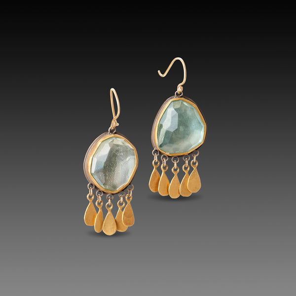 Aquamarine Earrings with Gold Fringe