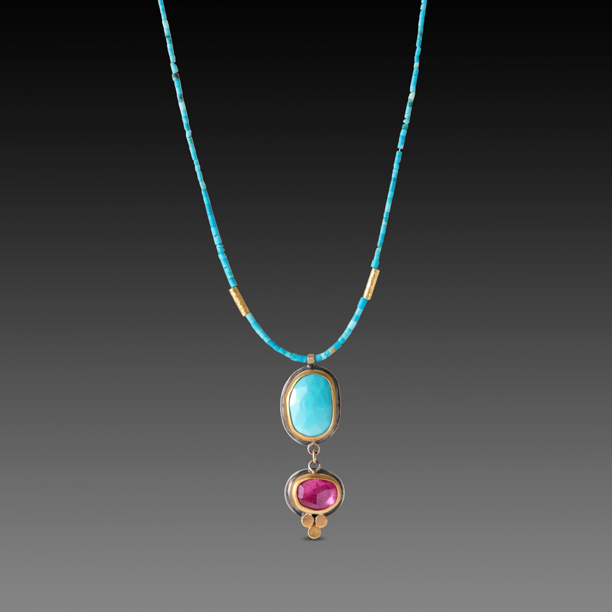 Turquoise and Ruby Double Pendant Necklace