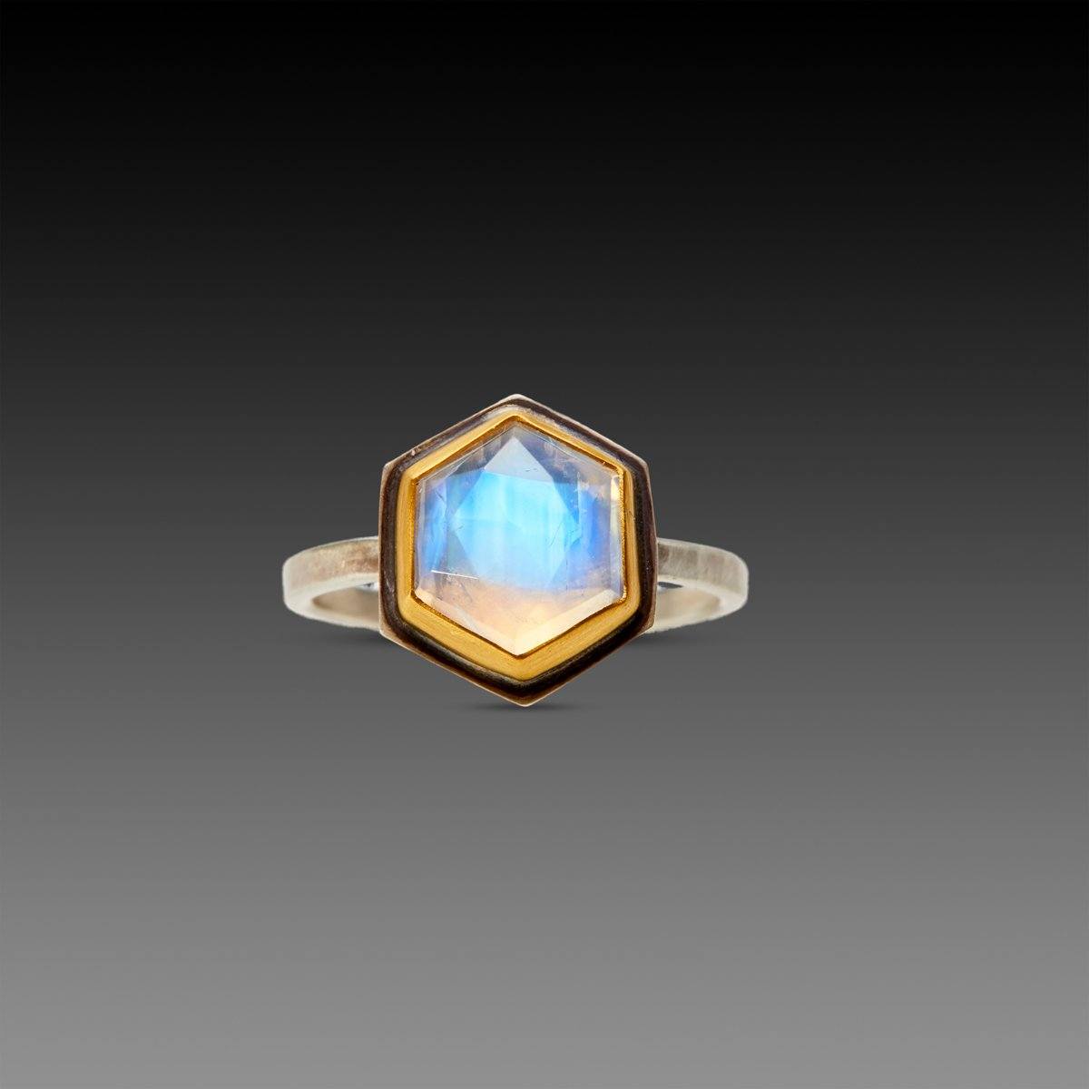 Hexagon Rainbow Moonstone Ring