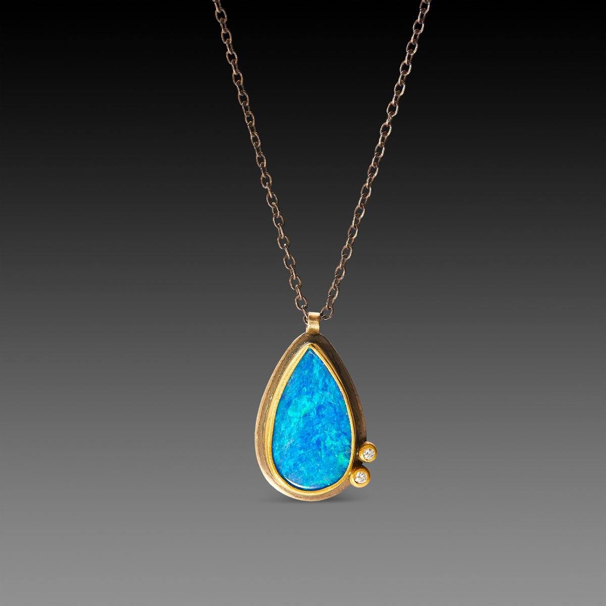 Teardrop Australian Opal Necklace with Diamond Dots