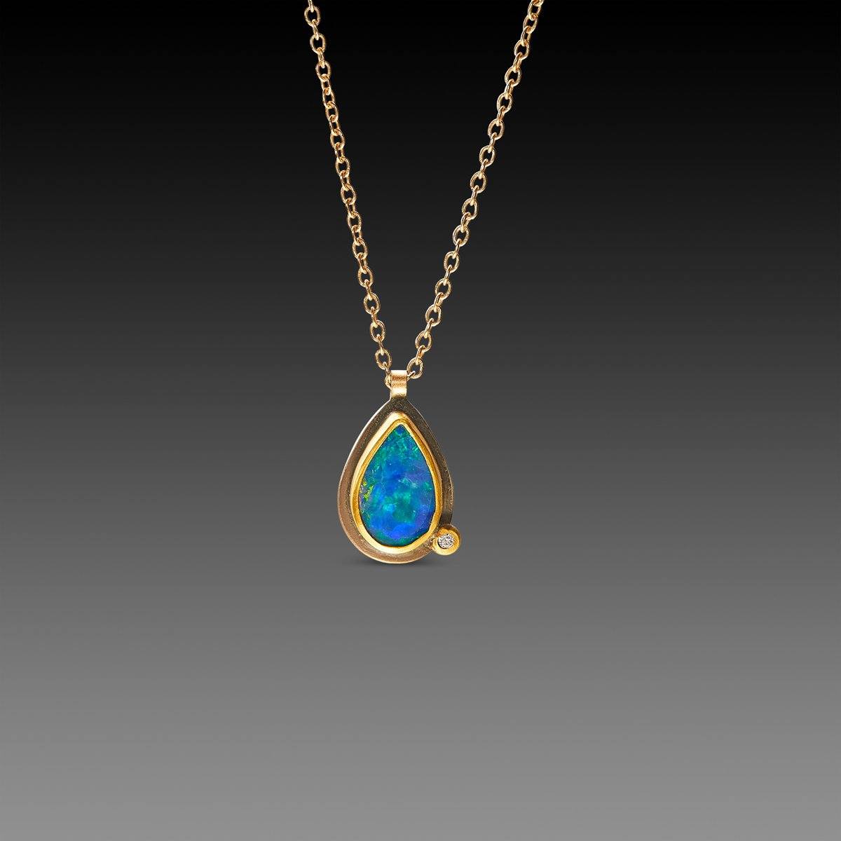 Tiny Australian Opal Necklace with Diamond Dot