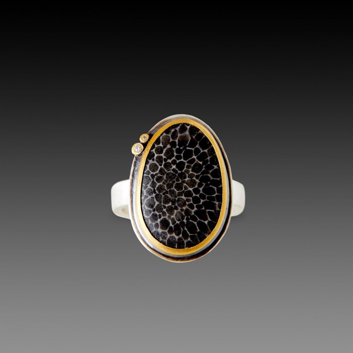 Bryozoan Fossil Ring with Two Diamonds