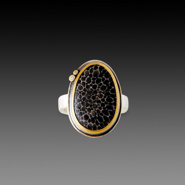 Bryozoan Fossil Ring with Two Diamonds