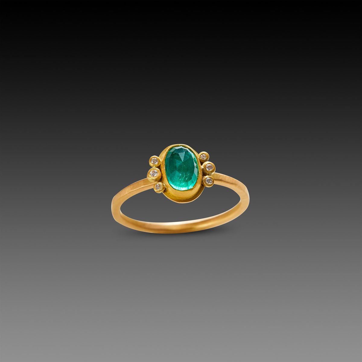 Rose Cut Emerald Ring with Diamond Trios