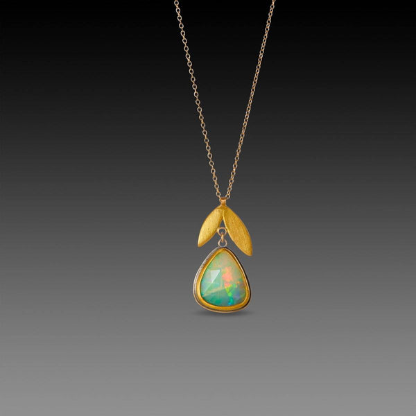 Ethiopian Opal with 22k Double Leaf Necklace