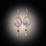 Gold Teardrop Lotus Earrings with Rubies
