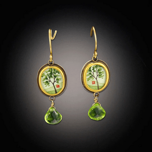 Tiny Oval Spring Maple Earrings with Peridot Drop