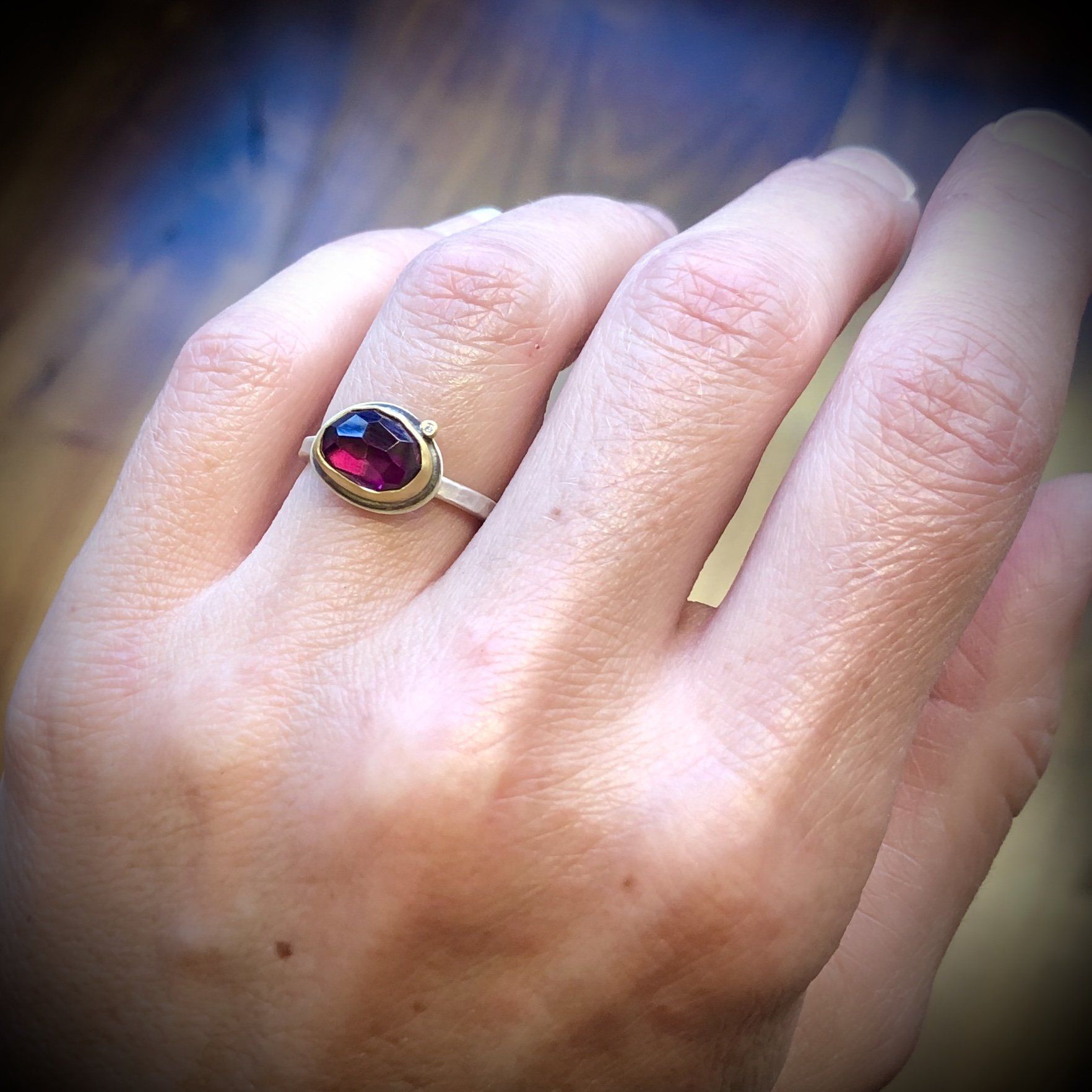 Rose Cut Rhodolite Garnet Ring with Diamond