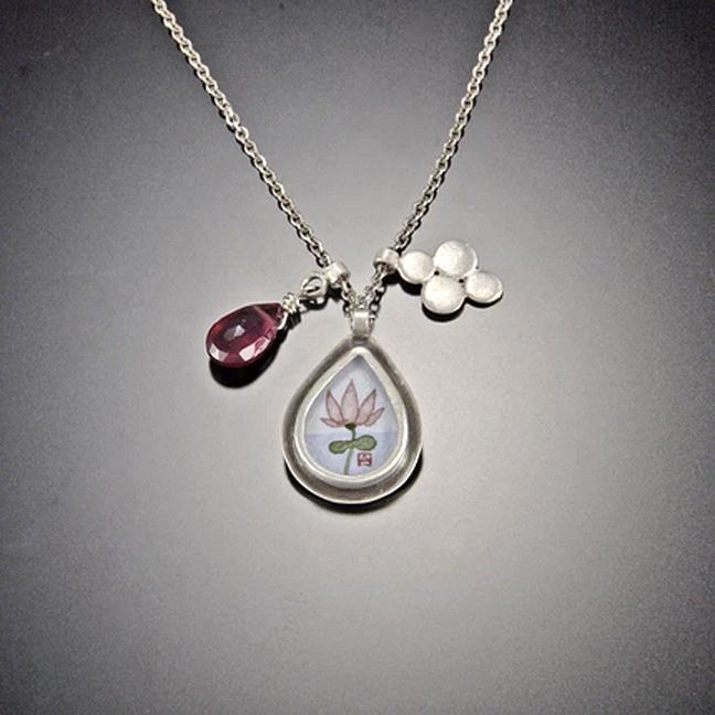 Lotus Charm Necklace with Pink Tourmaline Teardrop