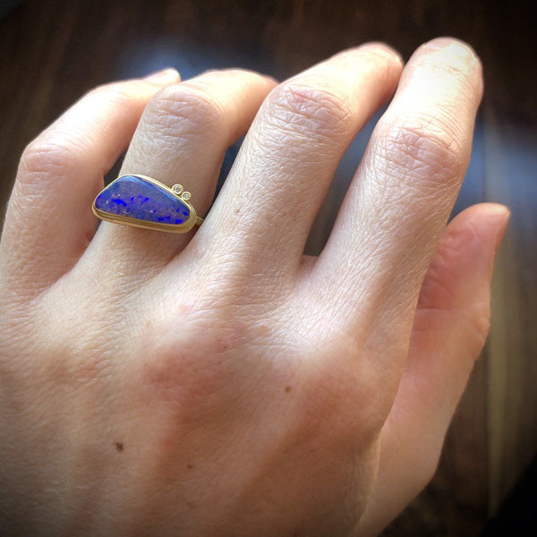 Organic Australian Boulder Opal Ring with Two Diamonds