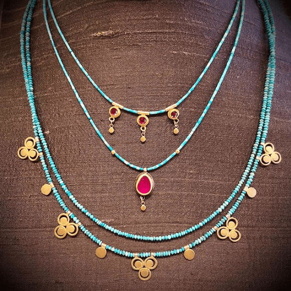Turquoise Bead Necklace with 22k Filigree Trios