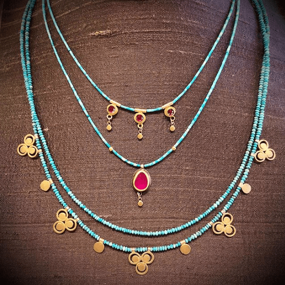 Ruby Teardrop and Turquoise Beaded Necklace