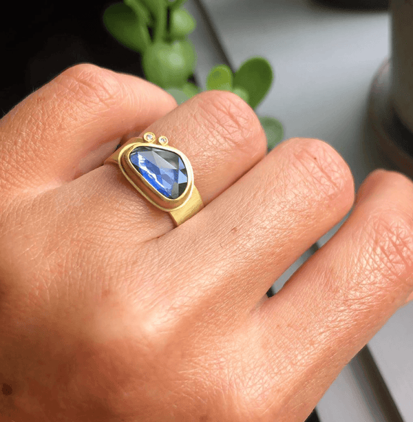 Organic Blue Sapphire Ring with Wide Band