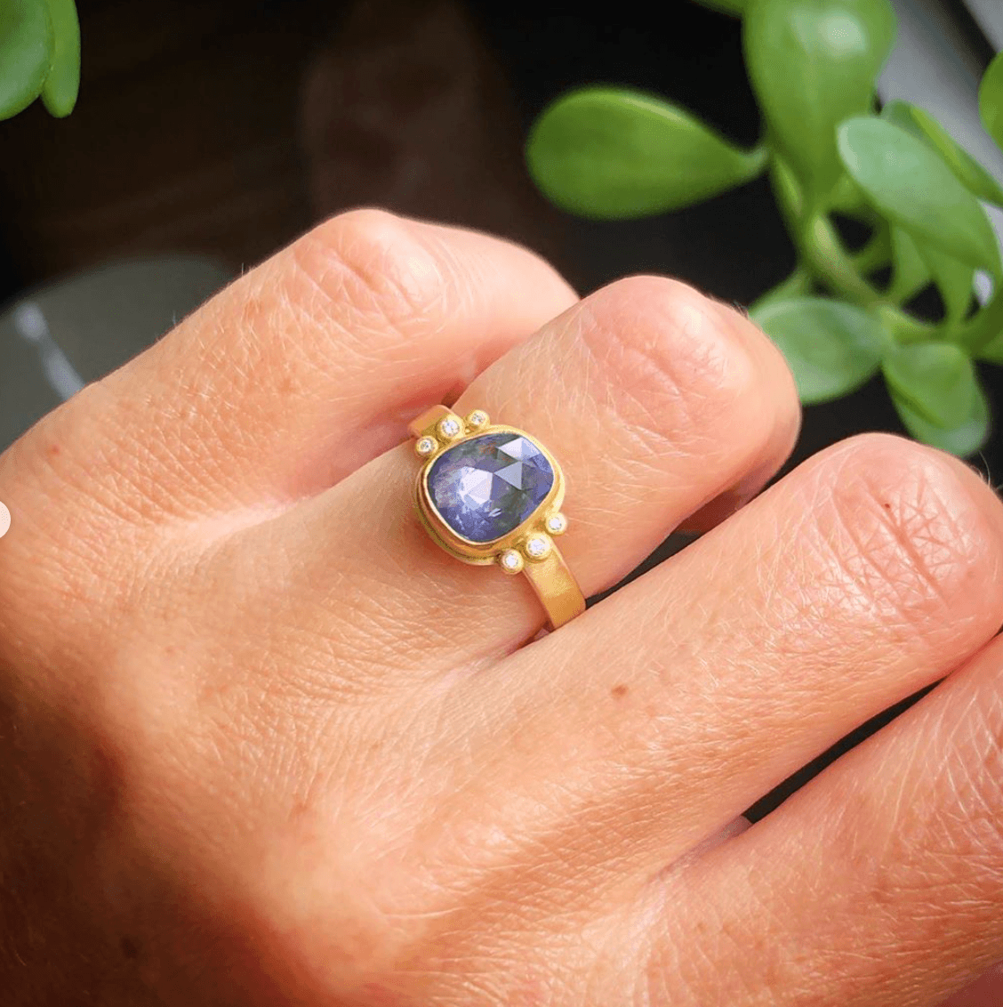 Organic Blue Sapphire Ring with Two Diamond Trios