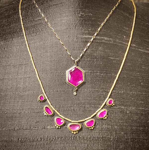 Seven Rubies with 22k Gold Trios Necklace