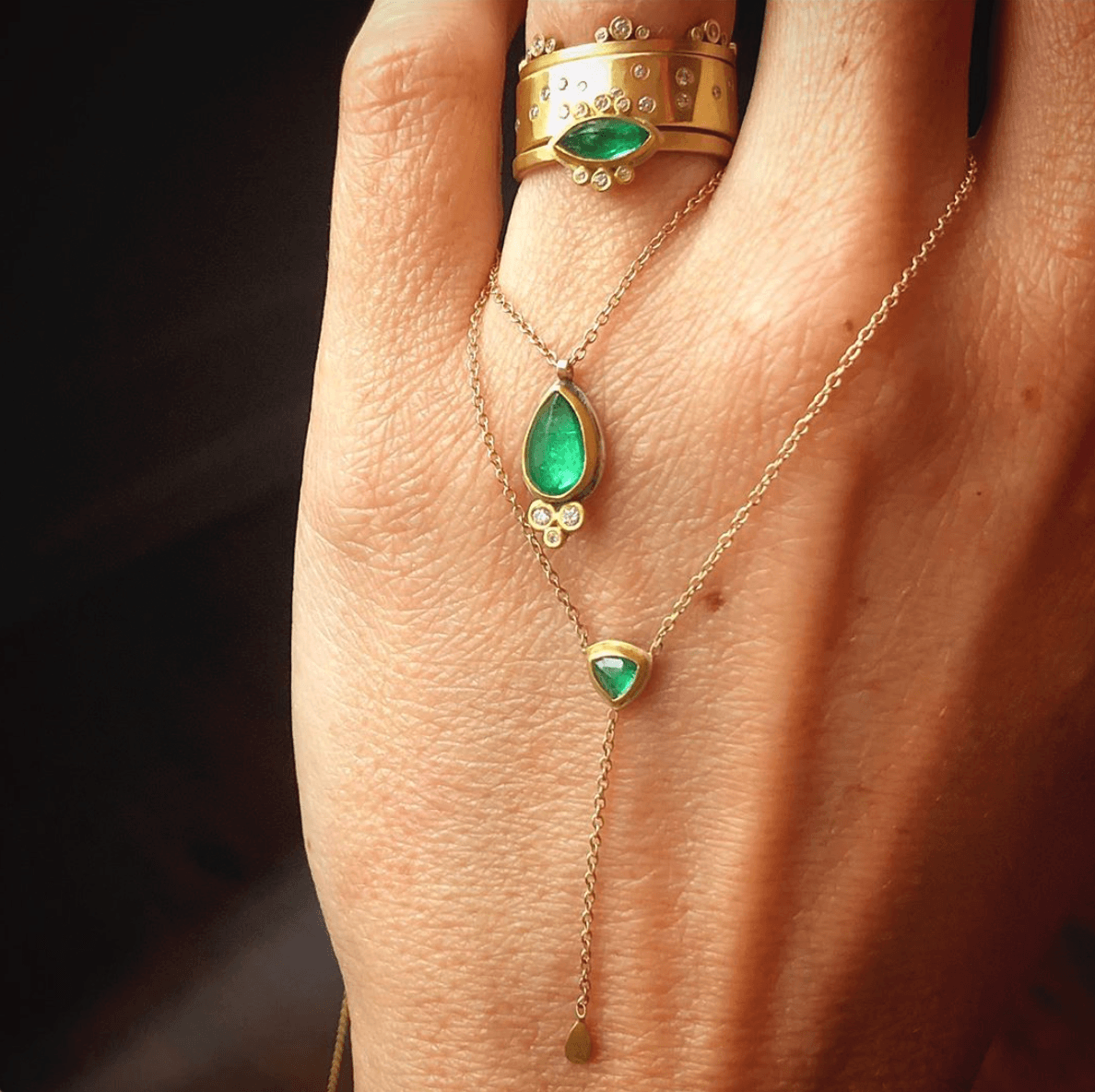 Teardrop Emerald Necklace with Three Diamonds