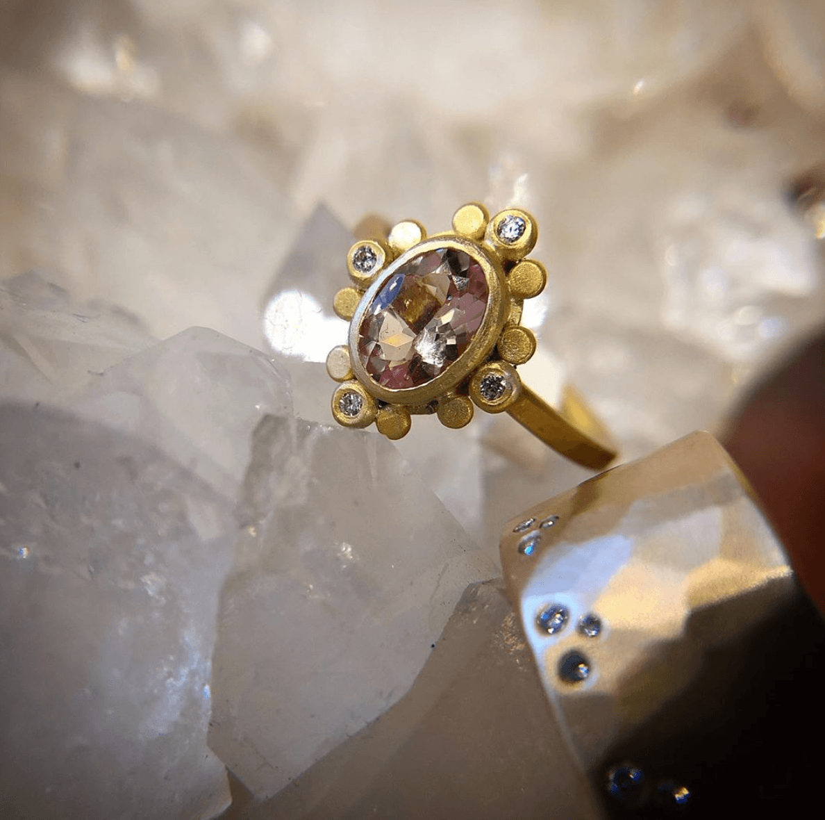 Morganite Ring with Diamond Trios