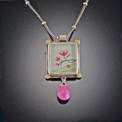 Small Rectangle Magnolia Necklace with Pink Sapphire Drop