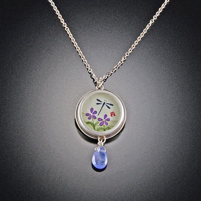 Small Round Dragonfly Necklace with Tanzanite Drop