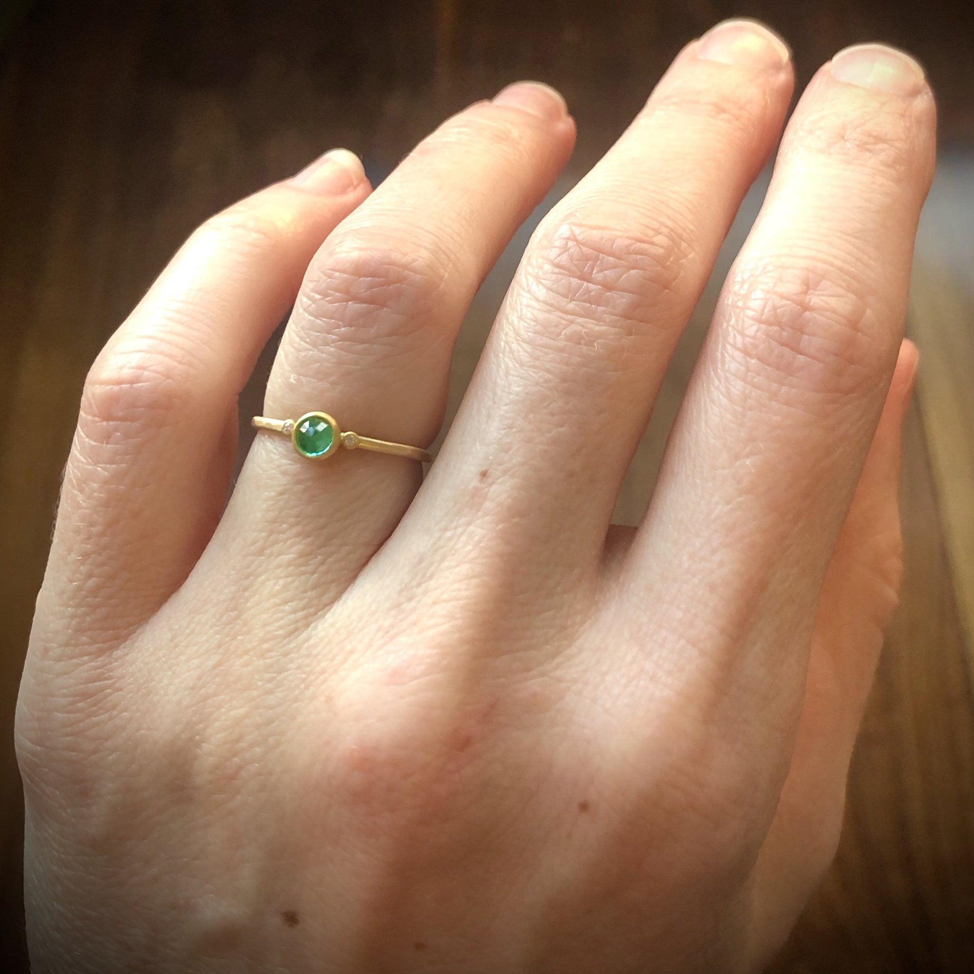 Tiny Emerald Ring with Two Diamond Dots