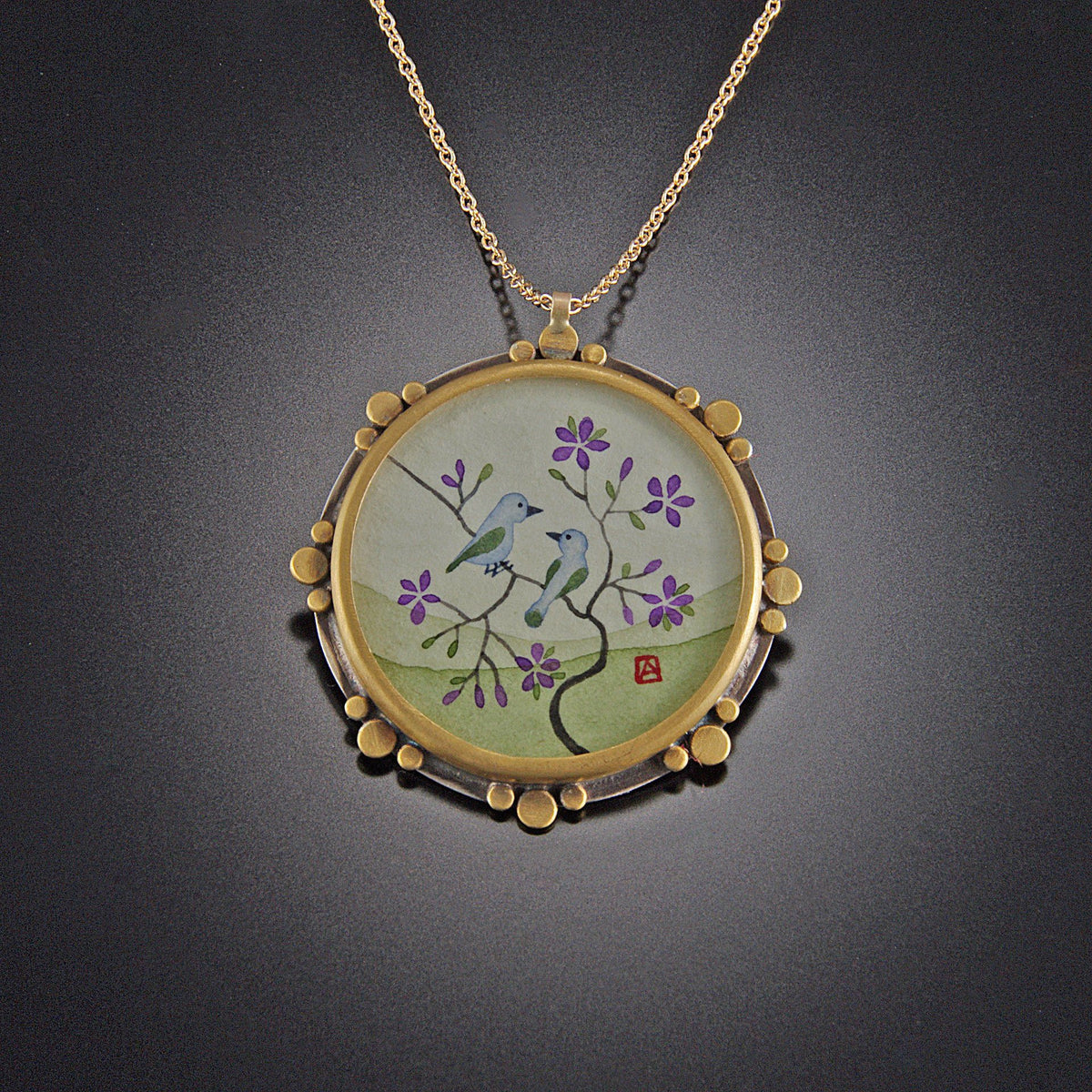 Gold Round Necklace with Two Bluebirds