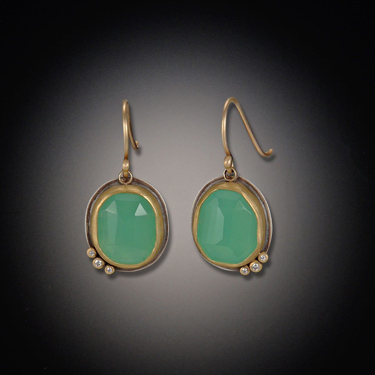 Rose Cut Chrysoprase Earrings with Three Diamonds