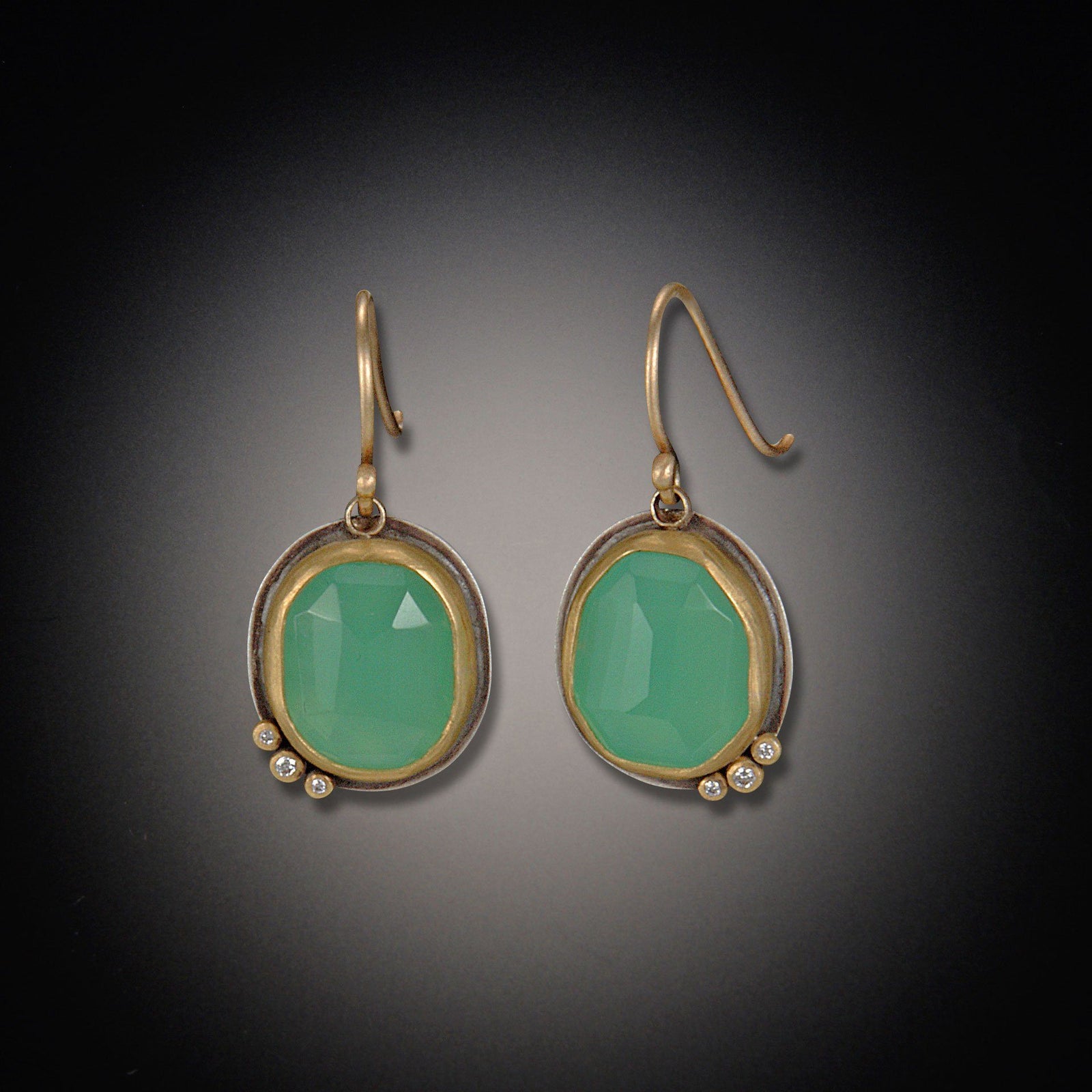 Rose Cut Chrysoprase Earrings with Three Diamonds