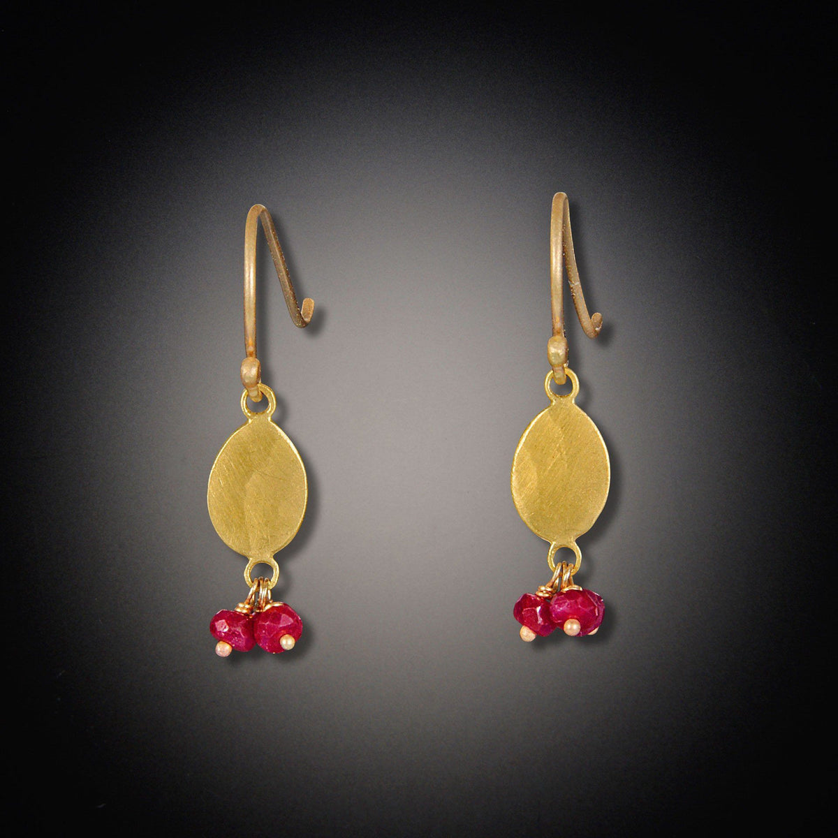 Gold Oval Disk Earrings with Ruby Cluster