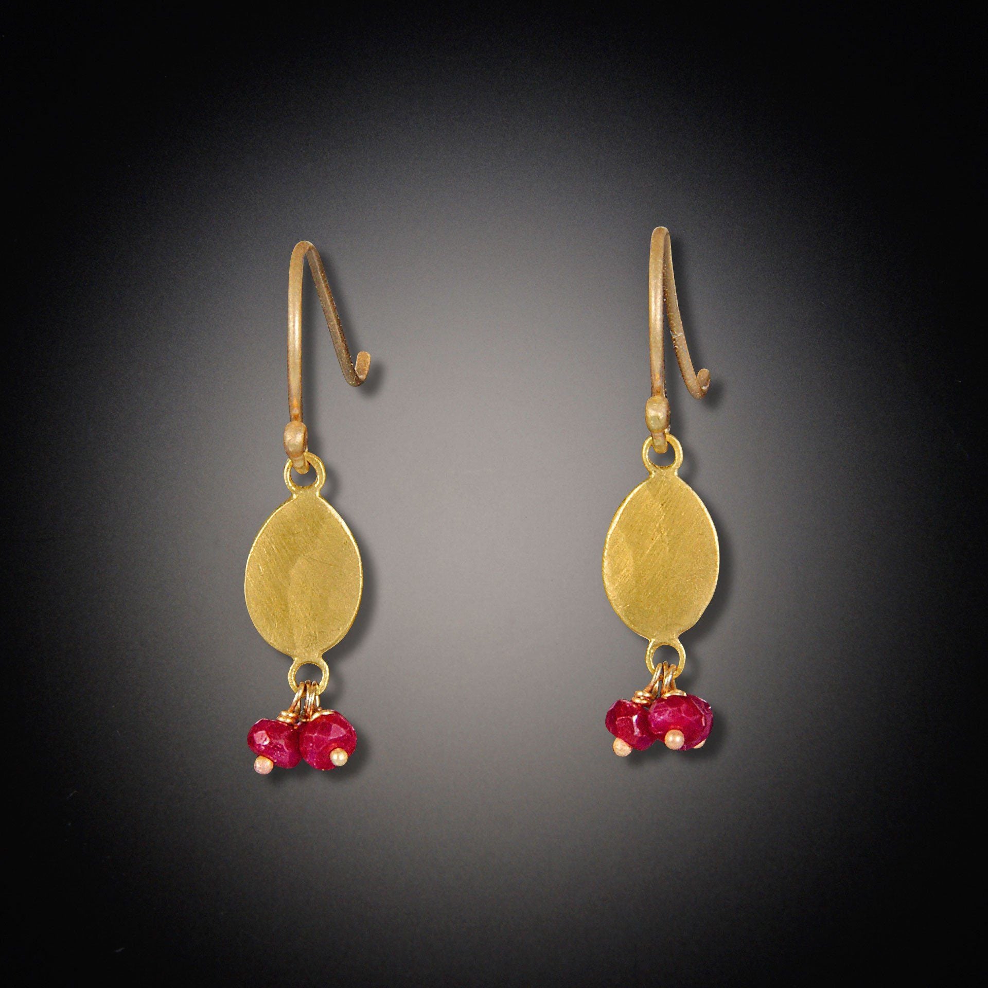 Gold Oval Disk Earrings with Ruby Cluster