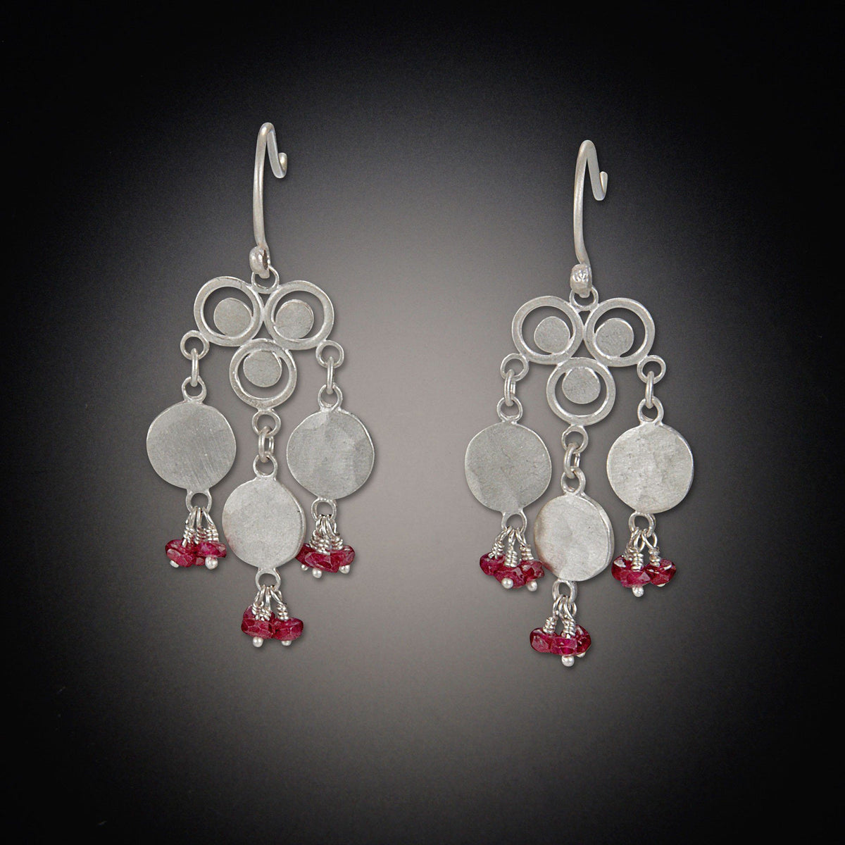 Filigree Trio Earrings with Medium Disk and Ruby Clusters