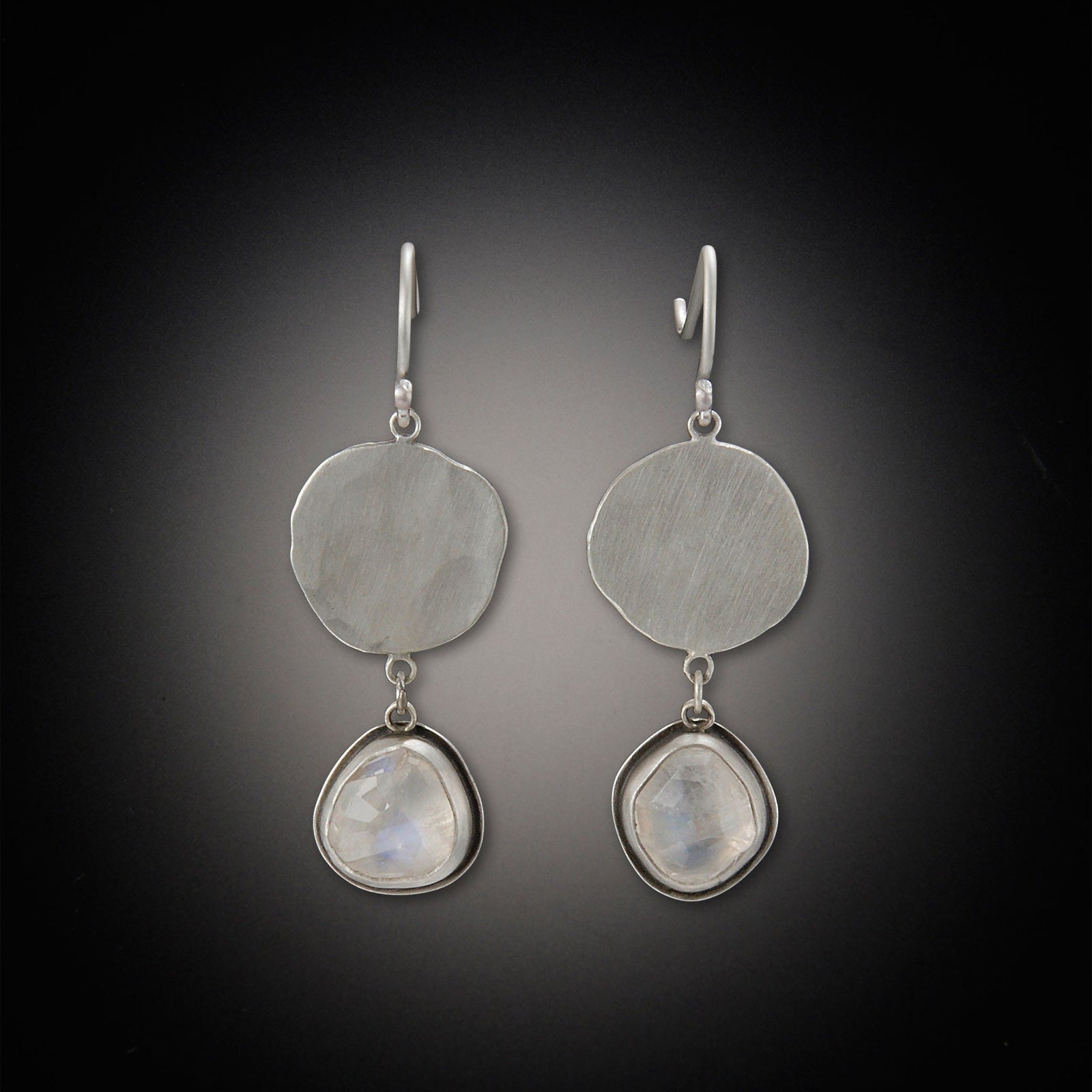 Moonstone Earrings with large hammered disks